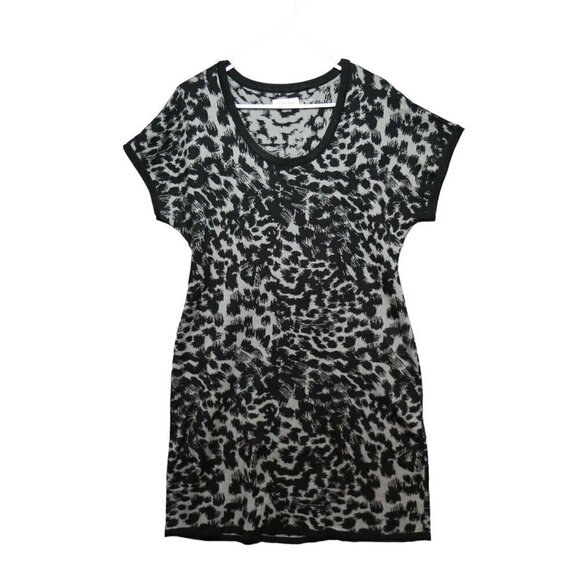 Calvin Klein Sz XL Black Gray Leopard Belted Sweater Dress Short‎ Sleeve - Picture 3 of 8